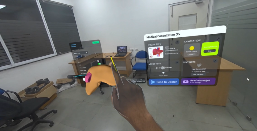 Hand-tracked annotation on the organ mesh